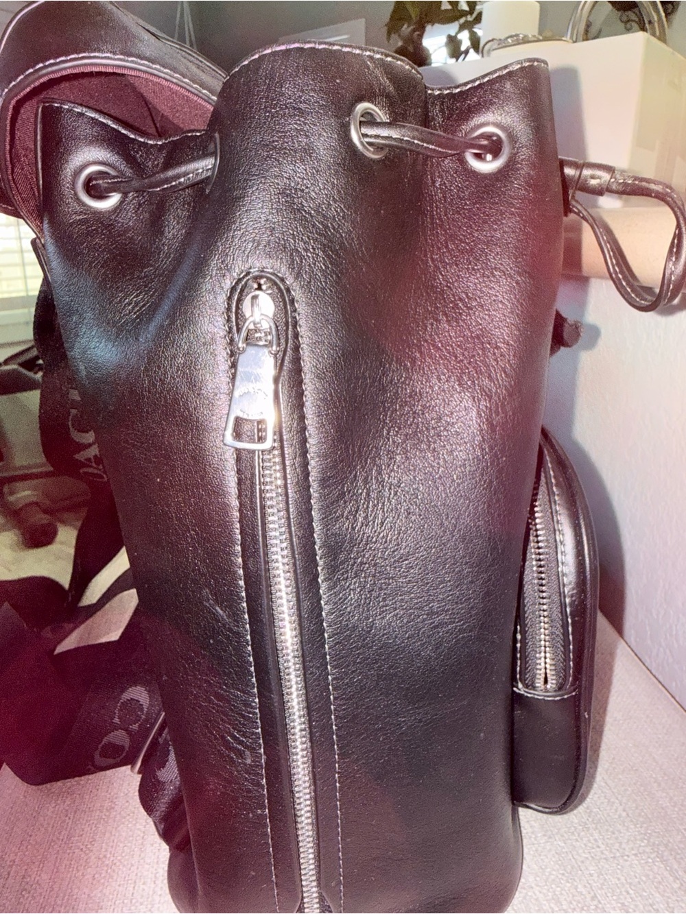 Coach Black Leather Drawstring Large Pace Backpack with Front Zip Pocket - Picture 13 of 14